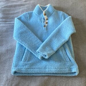 Boden Light Blue Sherpa Pullover with Contrast Button Placket